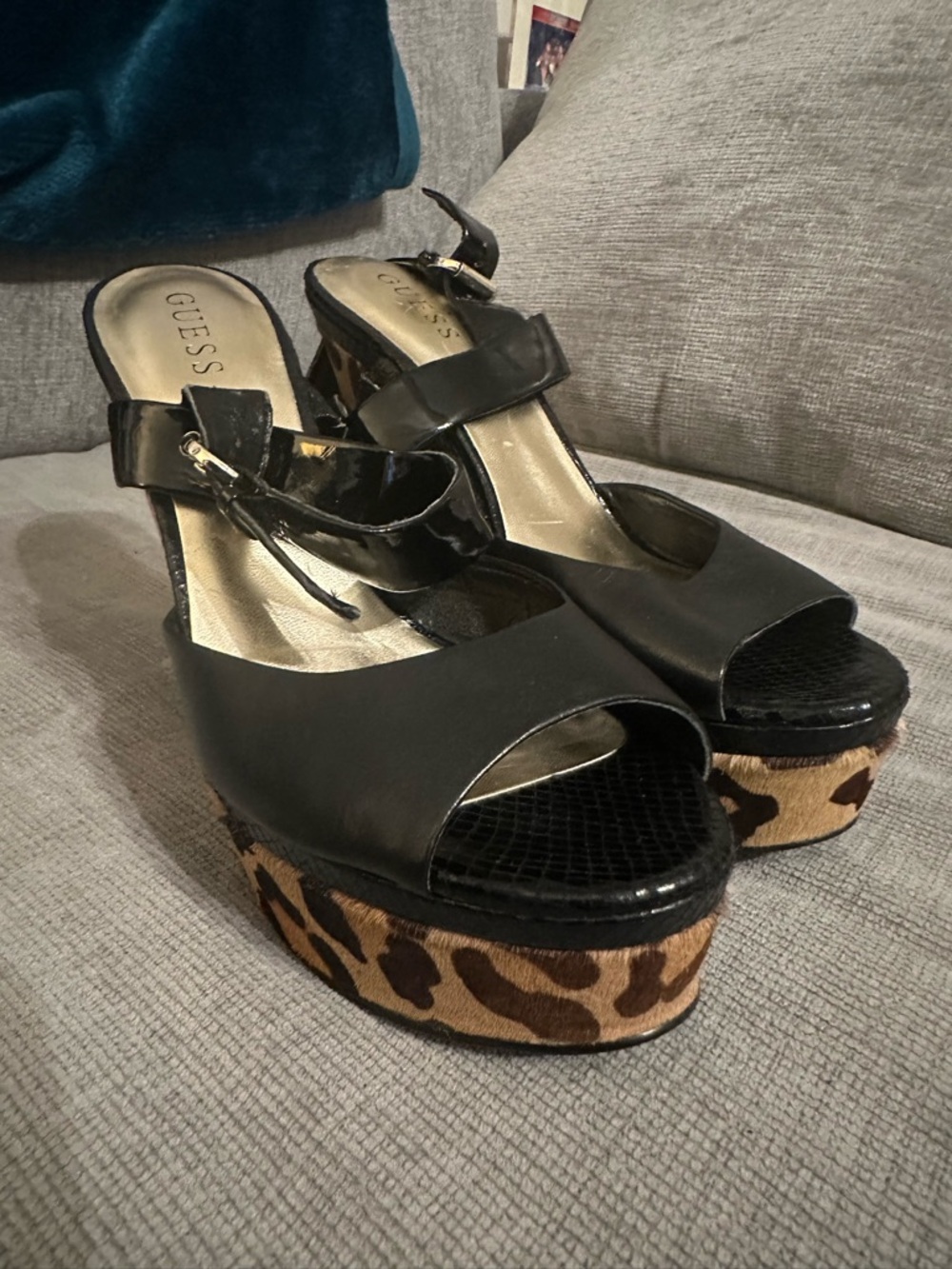 GUESS Black Platform Sandals with Leopard-Print Platform